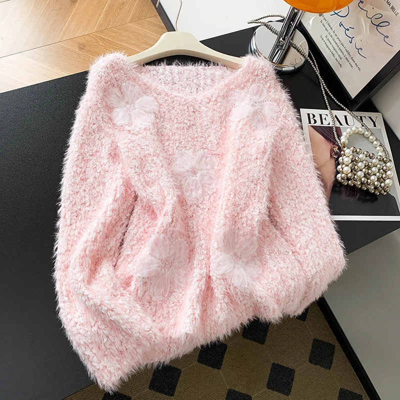 

Потрясающий милый мягкий норковый свитер с v-образным вырезом, женский свободный вязаный топ с яркими цветами и блестками, осенний модный женский топ-камерер