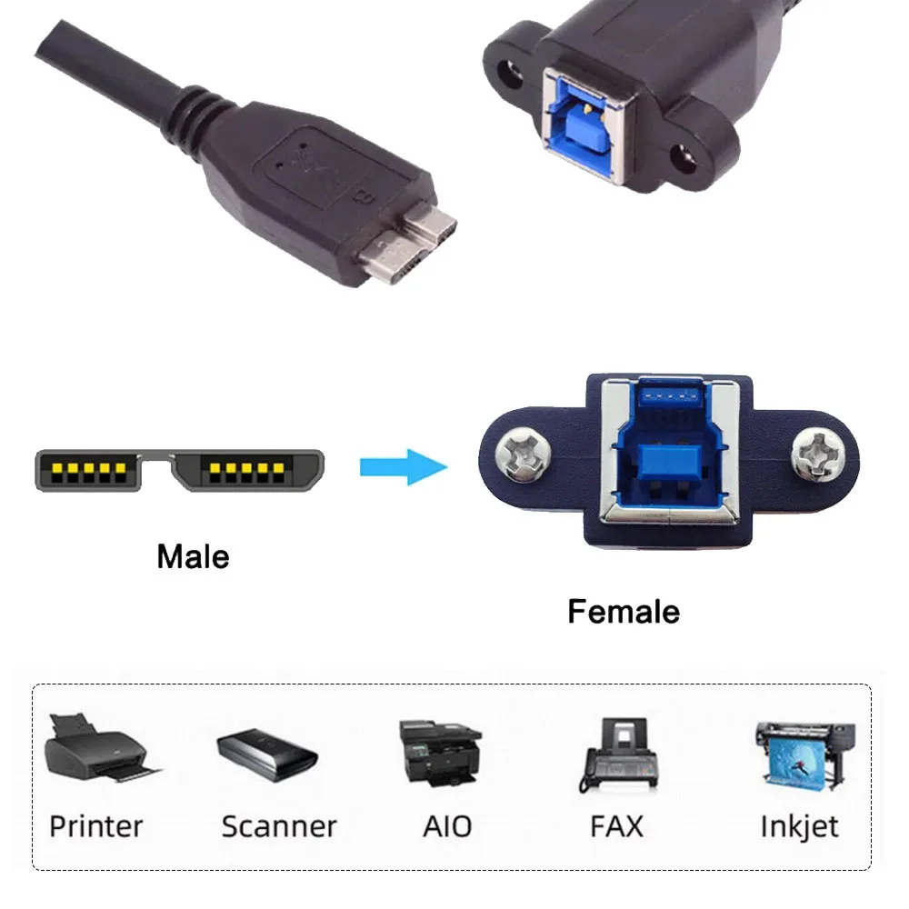 USB 3.0 MICRO-B Male To 3.0-BF B Female Cable Extension 5Gbps  for Disk SSD Camera Data with Fixed Holes Locking Screws 0.3m