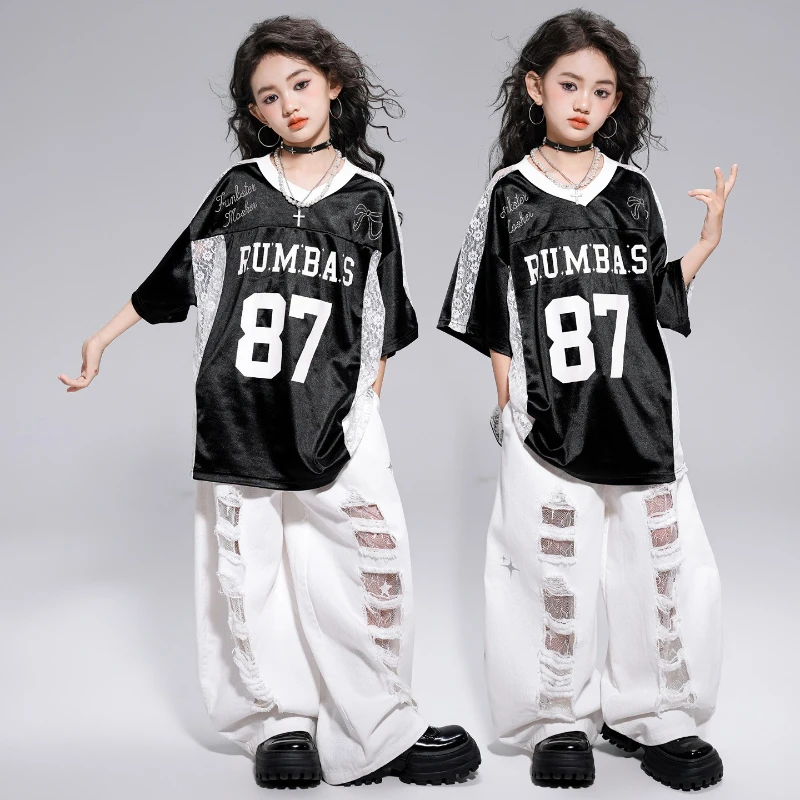 Girls Hip Hop Street Dance Clothes Black Short Sleeve T Shirt White Ripped Pants Modern Kpop Costume Jazz Performance Stage Wear