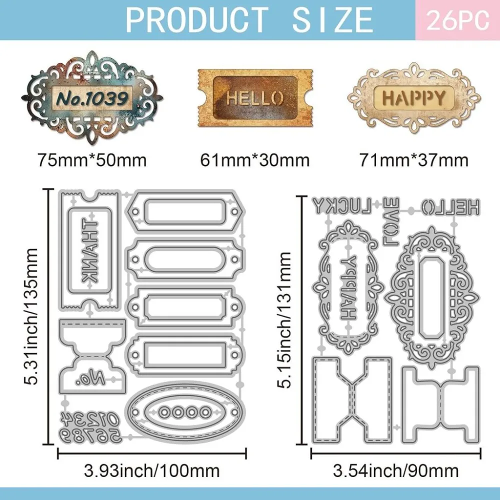 Nameplate Labels Cutting Dies for Card Making Greeting Border Metal Die Cuts Serial Number Die Cut Dies for DIY Embossing