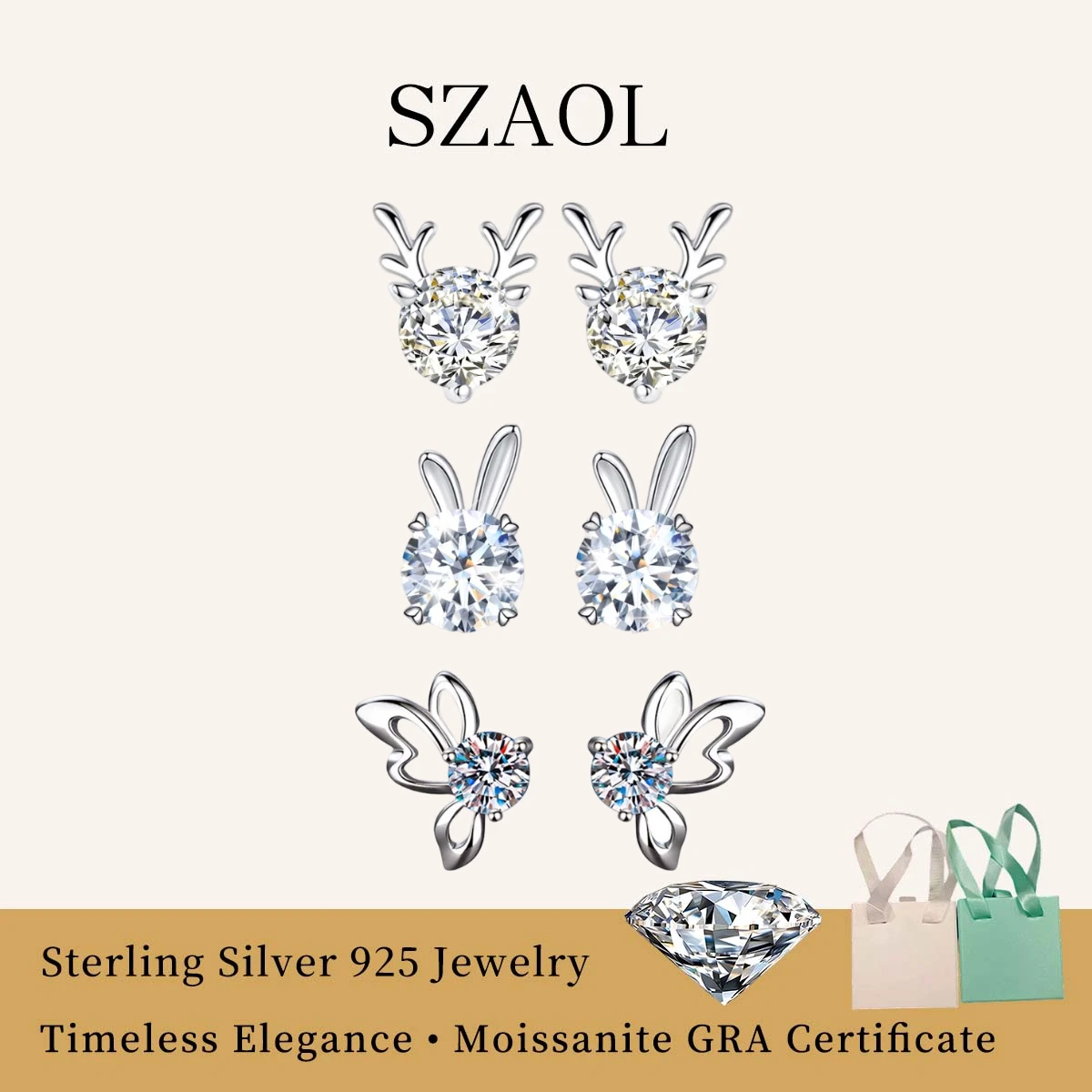 

High-quality 925 Sterling Silver Moissanite Butterfly Stud Earrings for Women Men Cute Rabbit Jewelry Accessories Birthday Gifts