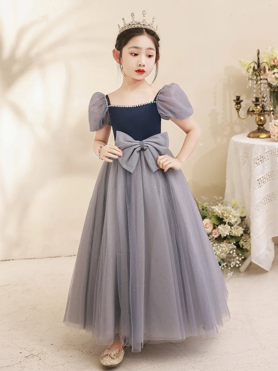 Girls Tulle Formal Dress Fashion Luxury Bowknot Square Neck Pearl Bubble Sleeves Princess Dresses Birthday Graduation Ball Gowns