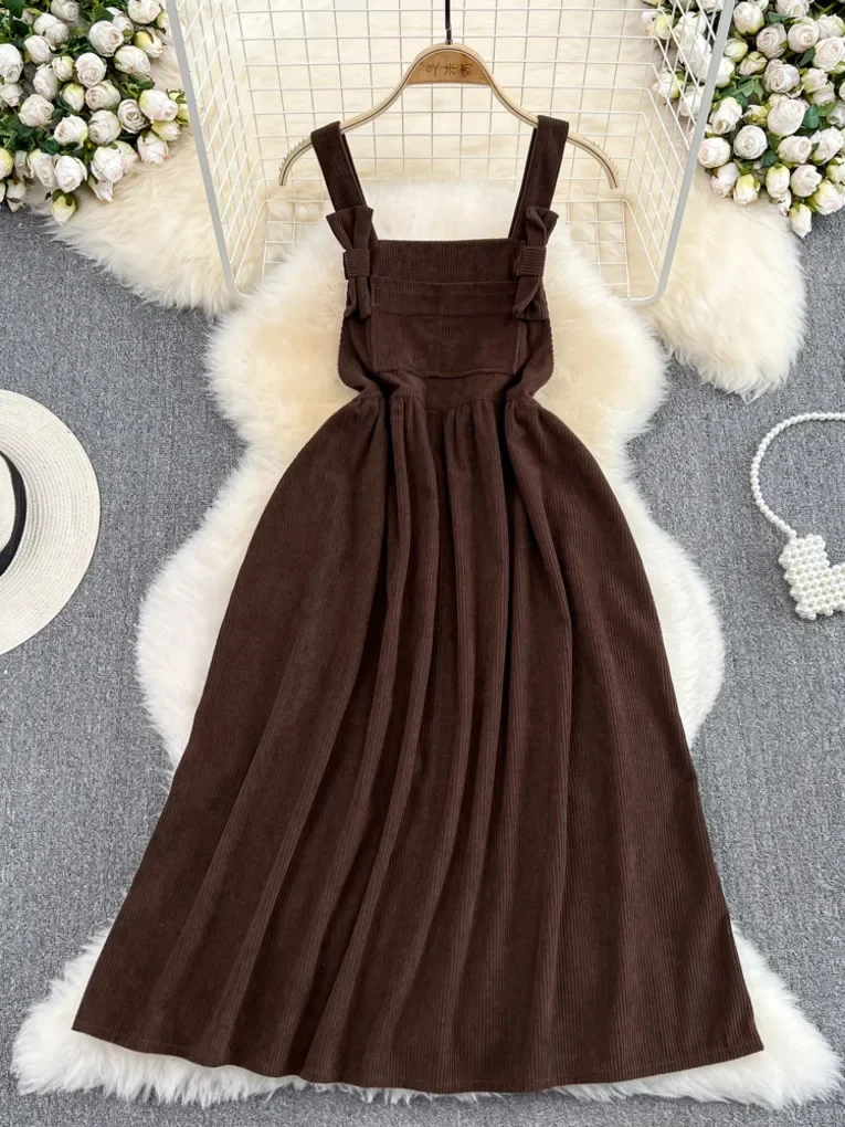 Foamlina Casual Women Corduroy Dress New Spring Autumn Spaghetti Strap Sleeveless Loose Waist A-line Midi Vintage Female Dress