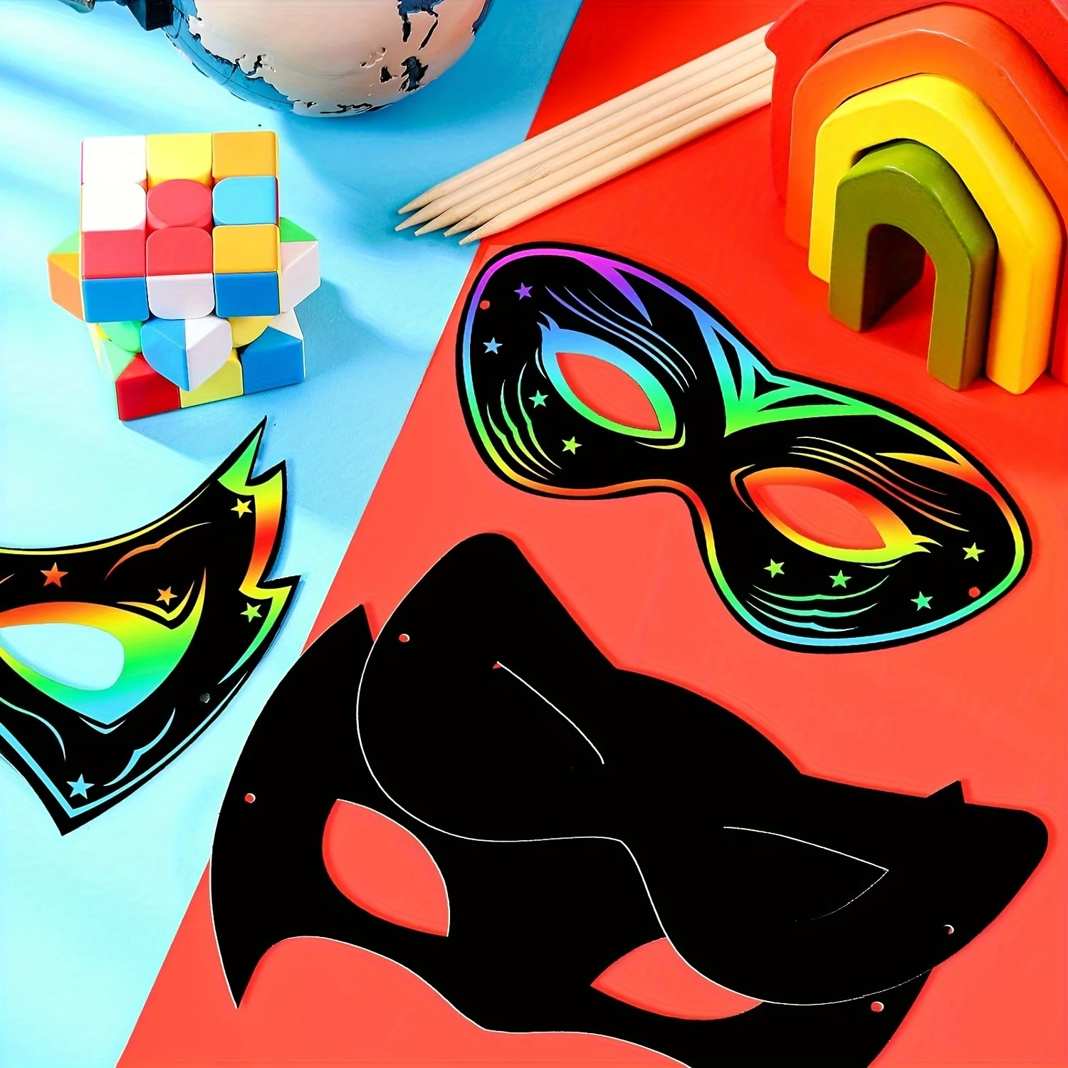 12pcs DIY Scratch Paper Mask Craft Rainbow Horse Masks Photo Props for Cosplay Dress Up Halloween Birthday Party Favors