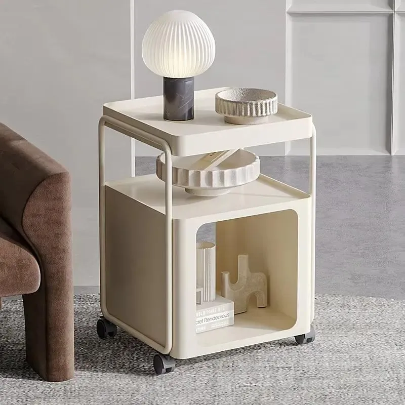 Cream White Ribbon Wheel Side Table Modern Simple Storage Corner Table Living Room Wrought Iron End Table