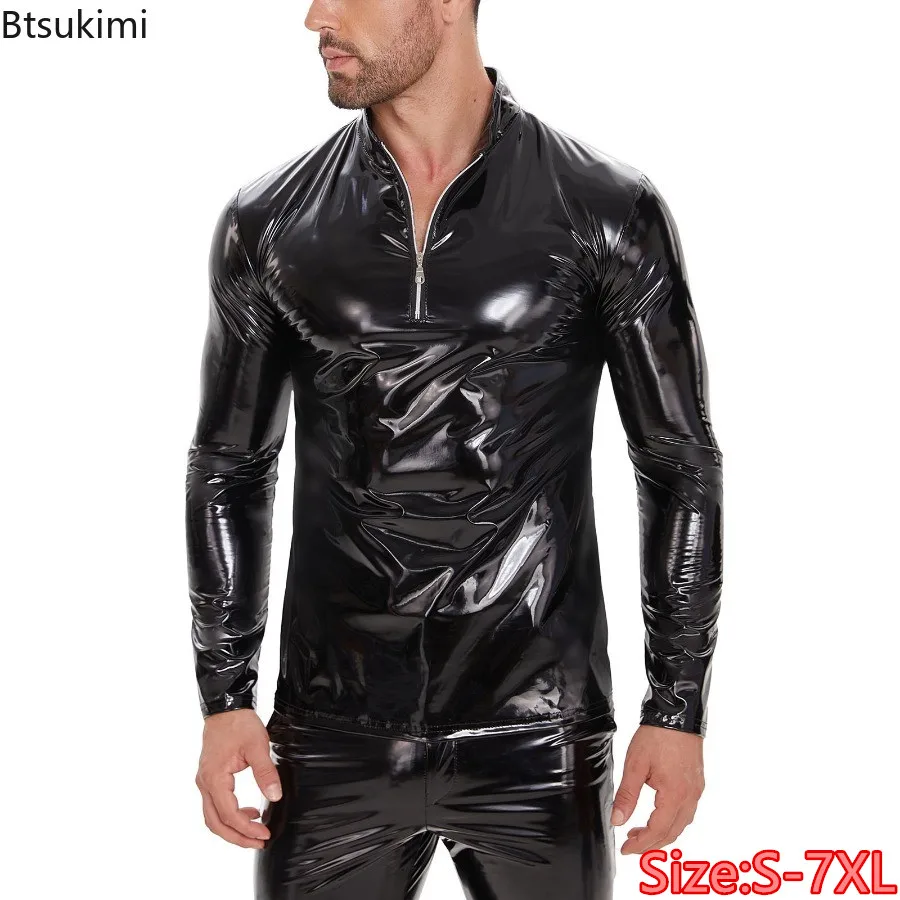 

Plus Size 7XL Shiny Leather T-shirt Men's Long Sleeve Half Zipper Stand Collar Glossy PU Leather Shirt Male Sexy Streetwear Tops