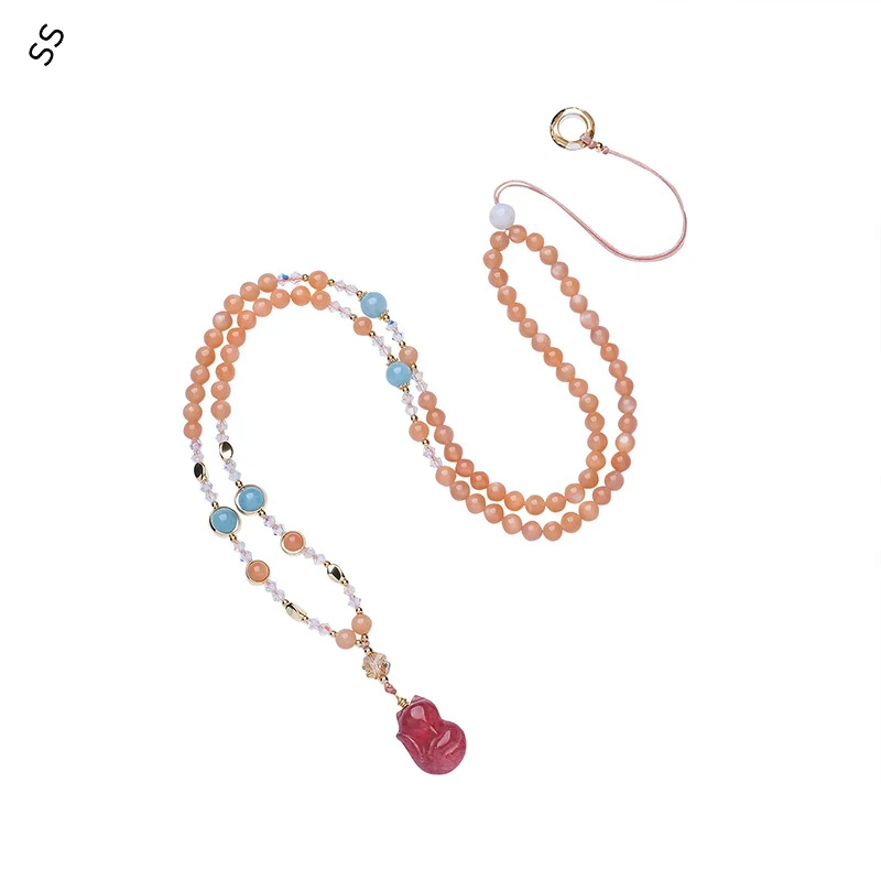 

80+5CM Extend Natural Orange Moonlight Sweater Chain Women's Accessories Fox Strawberry Crystal Pendant Aquamarine Accessories