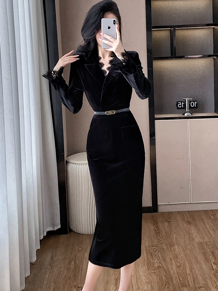 2025 Black Velvet Chic Lace V-Neck Long Dress Women Elegant Bodycon Bandage Dress Autumn Winter Korean Luxury Party Night Dress