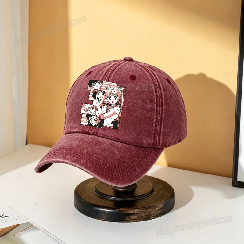 Sailor Moon Vintage Washed Baseball Cap Anime Print Dad Hat Adjustable Cotton Casual Unstructured Trucker Headgear Women Men