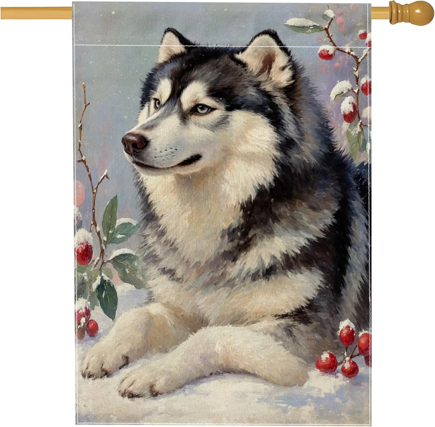 Husky House Flag, Winter Rustic Berries Leaves Winter Gray Double Sided Burlap Outside Large Garden Flag for Outdoor Lawn Ya PPM