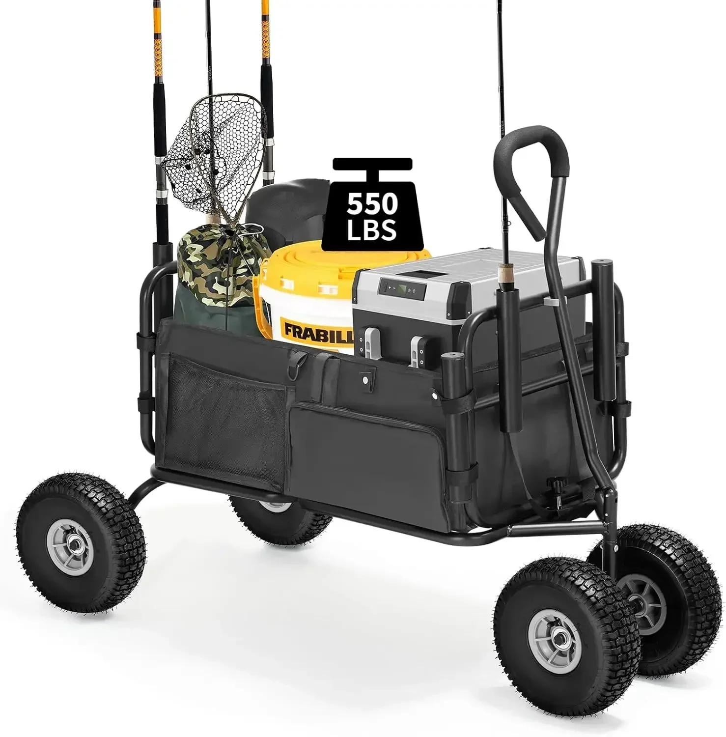 Fishing Cart Beach Cart Collapsible Wagon with 11”All Terrain Big Wheels,Heavy-Duty Garden Carts with 6 Holders and Storage Pock
