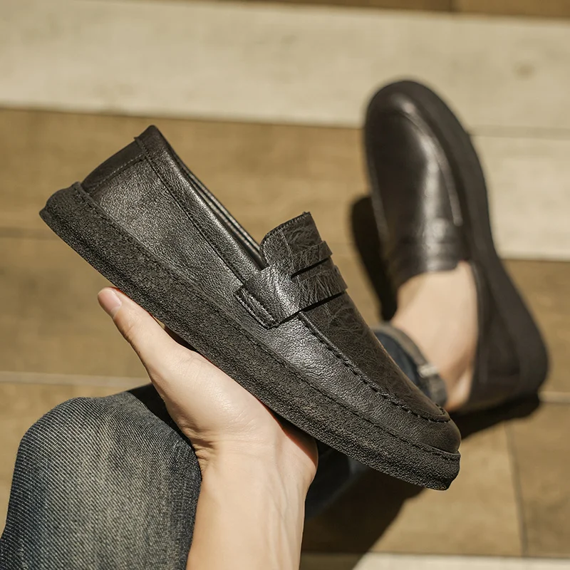 Fashion Leather Loafers Shoes Brand Hand Sewn Thread Comfortable Men Casual Slip-on Party Shoes Soft Sole Non-slip Driving Shoes