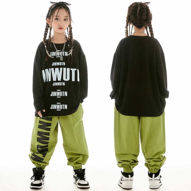 Ropa de baile de Jazz para niñas, disfraz de baile de Hip Hop, Tops de manga larga, pantalones Gree, ropa de actuación de baile callejero de tambor, BL11506