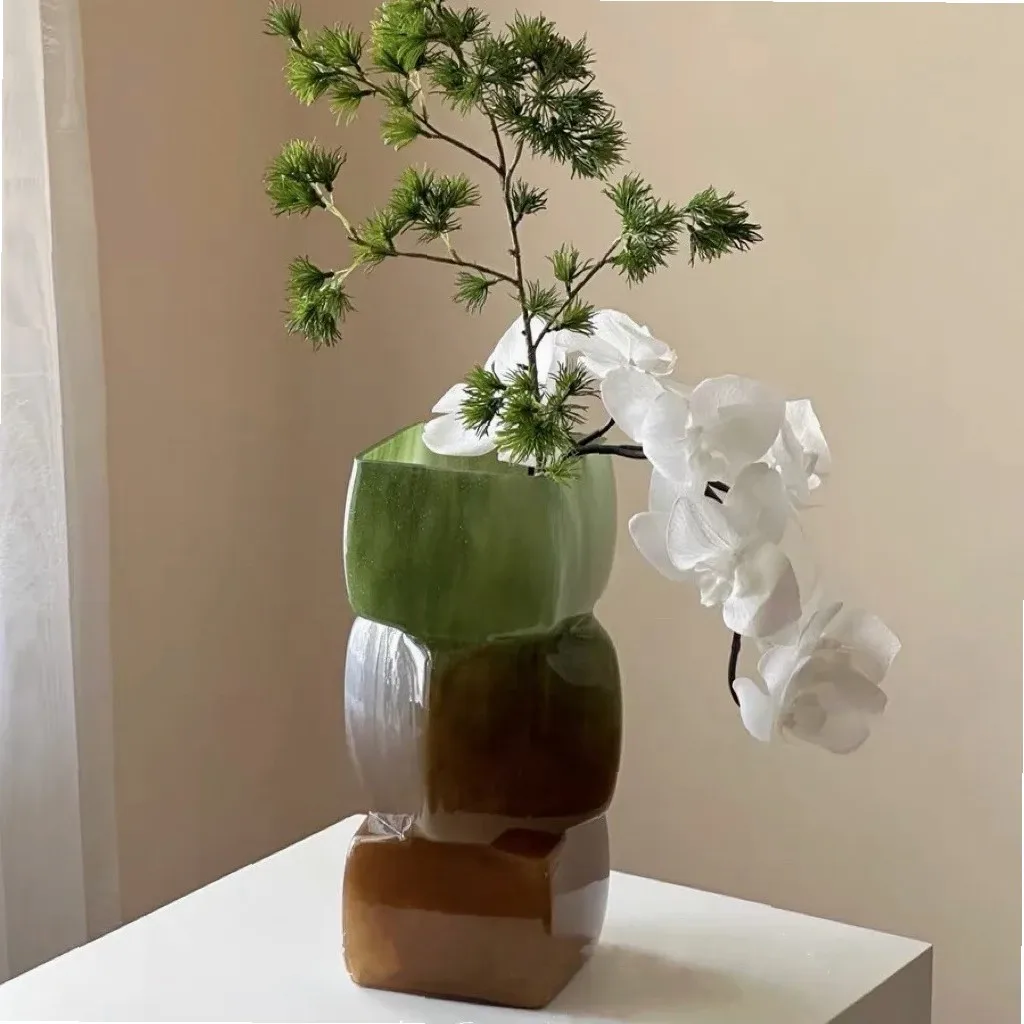 Glass Vase Geometric Square Stacking Marbling Gradient Flower Vase Floral Arrangement Accessories