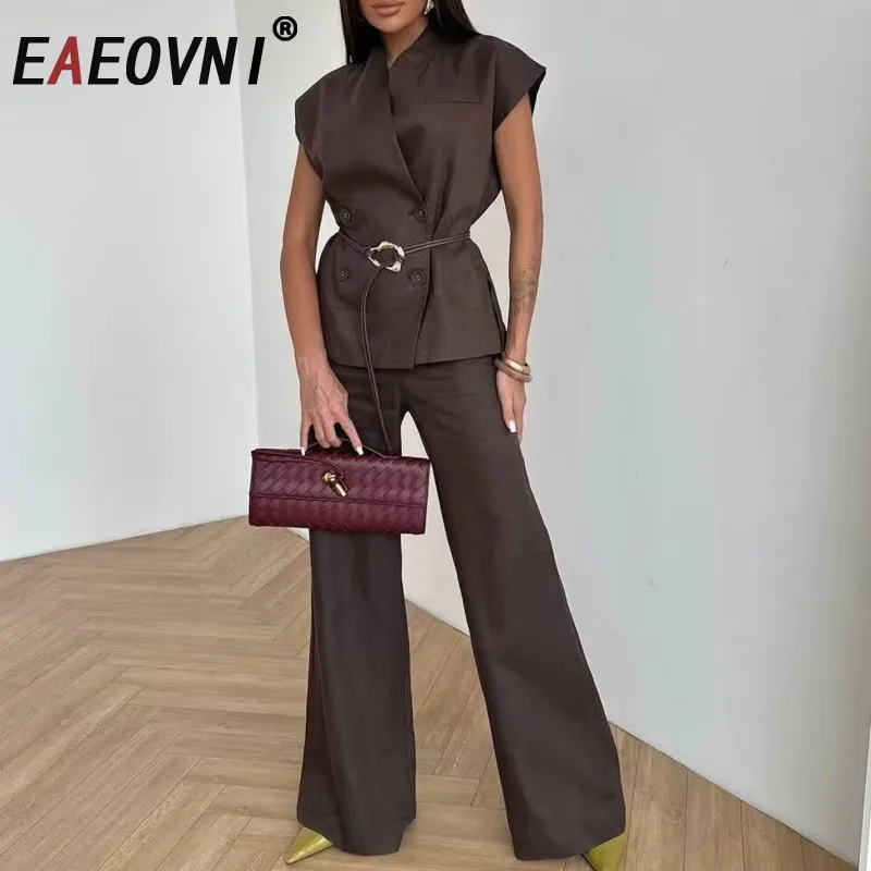 

EAEOVNI Модный женский комплект из двух предметов, однотонный жилет без рукавов со шнуровкой на талии + широкие длинные брюки, офисные женские комплекты