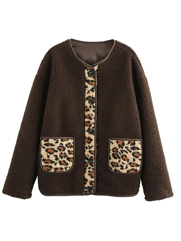 

Casual Loose Plush Leopard Women's Coat Fashion Round Neck Single Breasted Coats Women New Retro Autumn Winter Warm Outerwears
