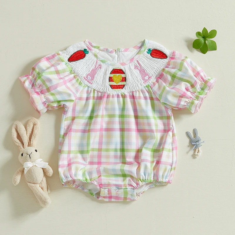 Tregren 0-24M Newborn Baby Girl Easter Romper Cute Short Sleeve Bunny/Egg/Flower Embroidery Smocked Bodysuit Infant Outfits