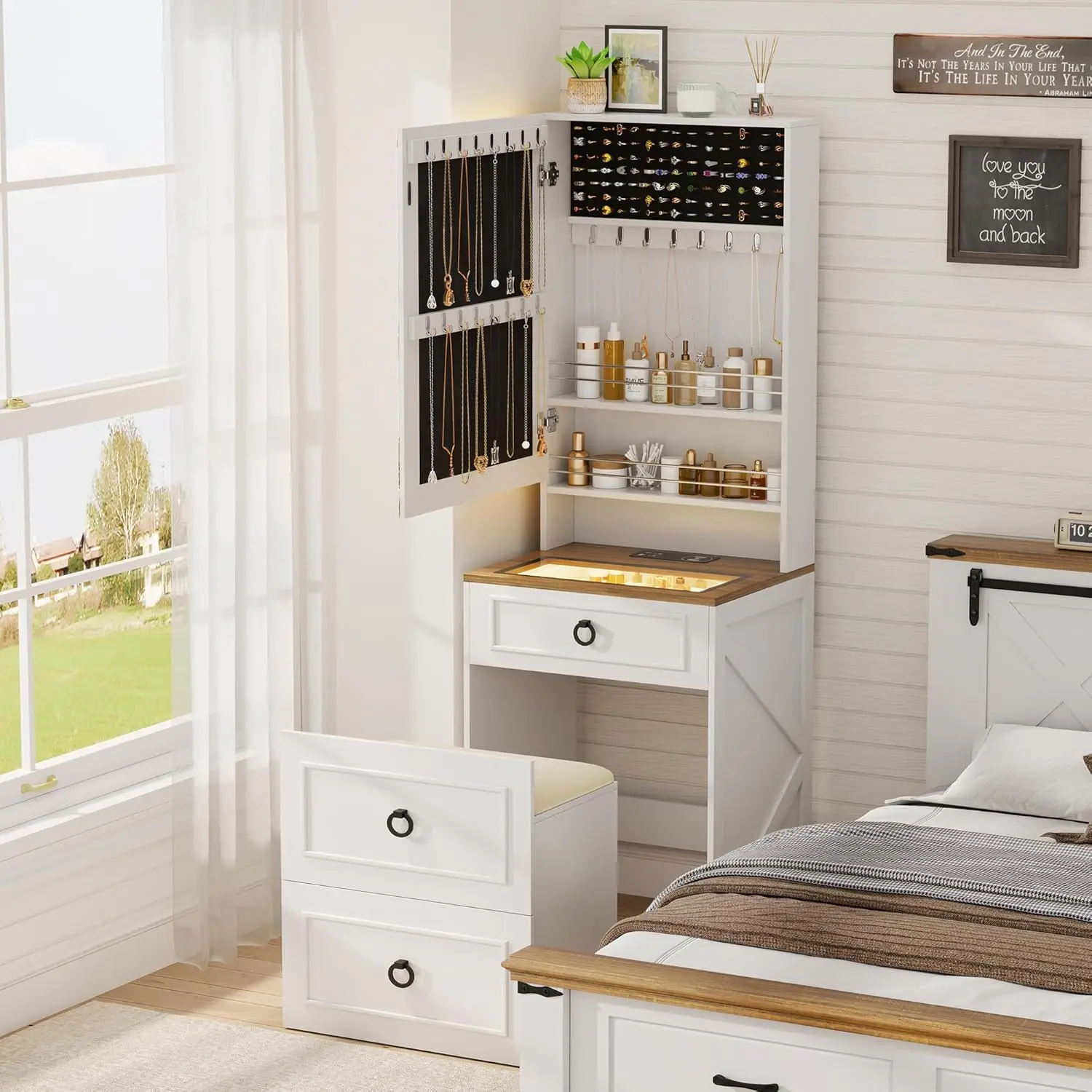 3-in-1 Vanity Desk with Mirror and Lights, Small Compact Makeup Vanity Set with Hidden Storage Stool, Glass Top Dressing Table