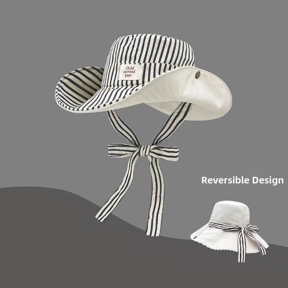 Retro Wide Brim Reversible Bucket Hat UV Protection Breathable Striped Sun Hat Windproof Foldable Fishmen Hat Summer