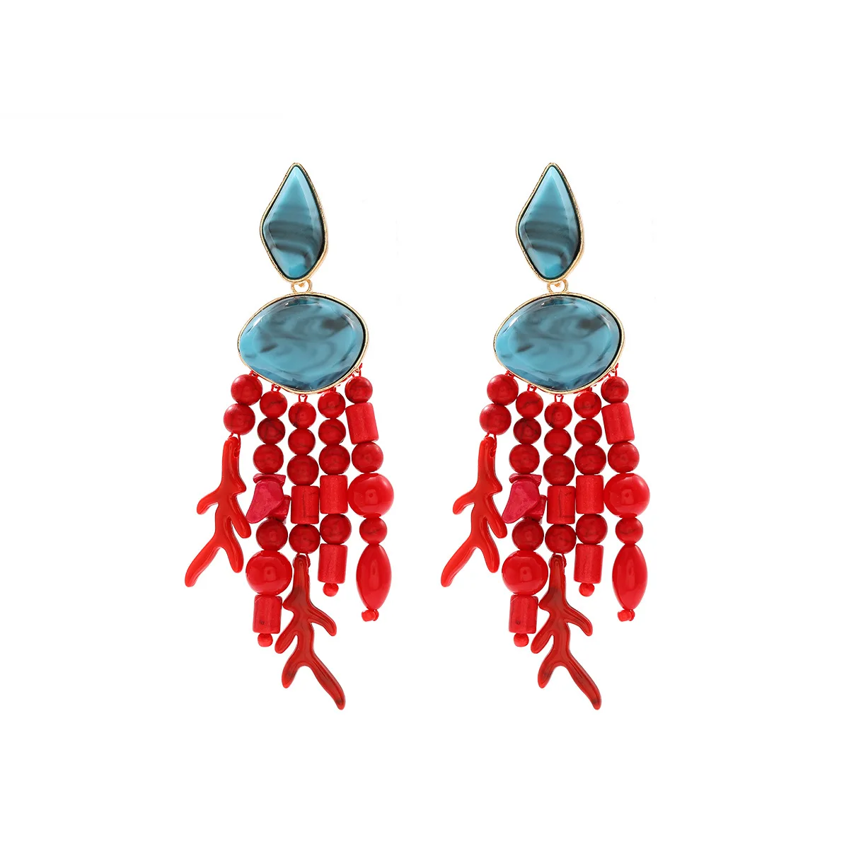 

ZAA Charm Women Jewelry Vintage Red Resin Beads Tassel Dangling Turquoise Stud Earrings Personalized Holiday Party Accessories
