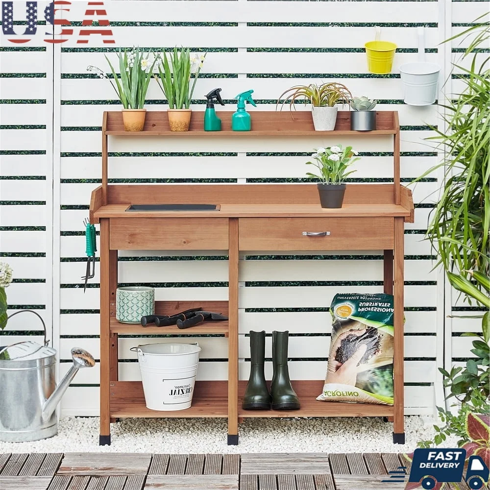 

Garden Potting Table with Movable Sink Drawer Rack Shelves Hooks Gardening Outdoor Use Natural Fir Wood Weatherproof