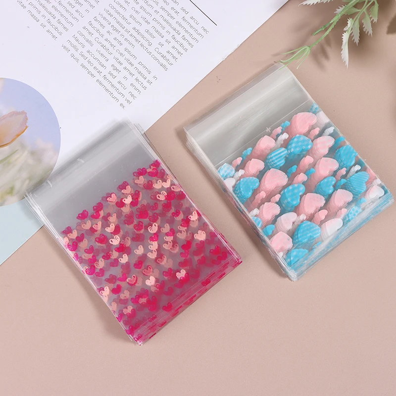 100Pcs Heart Shaped Transparent Candy Bag Biscuit Snacks Plastic Bag Baking Decoration Packaging Self-adhesive Bag