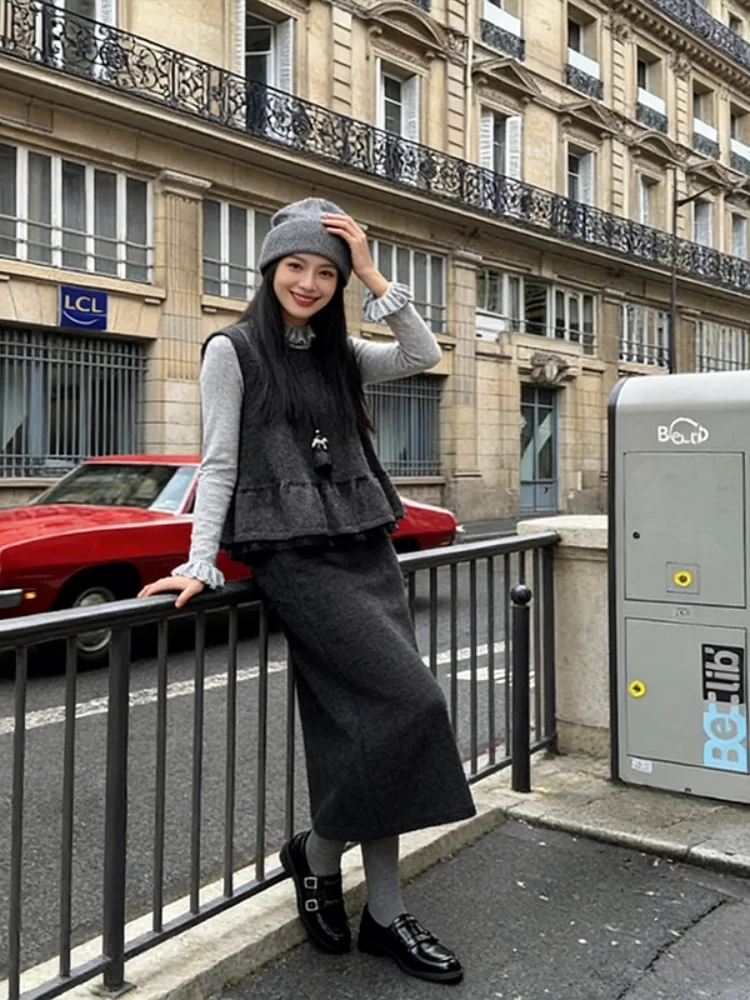 Gilet da donna con finiture in pizzo retrò Autunno Inverno Stratificazione Base di classe irt Gonna dimagrante anti-età Set di pezzi di maglietta Faionable