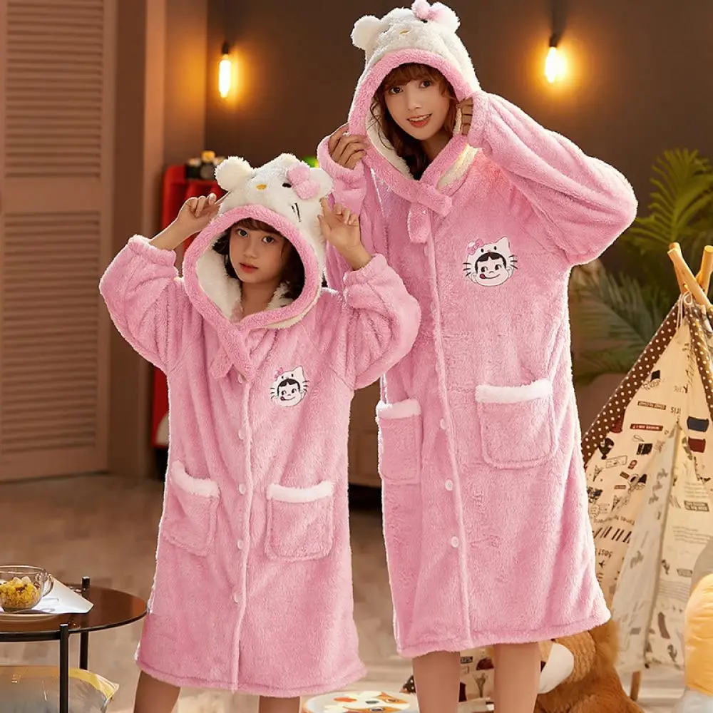 Sanrios Kawaii Hello Kitty Pajamas Coral Velvet Children Girls Women Bathrobe Cartoon Anime Sleeping Robe Kids Hooded Loungewear