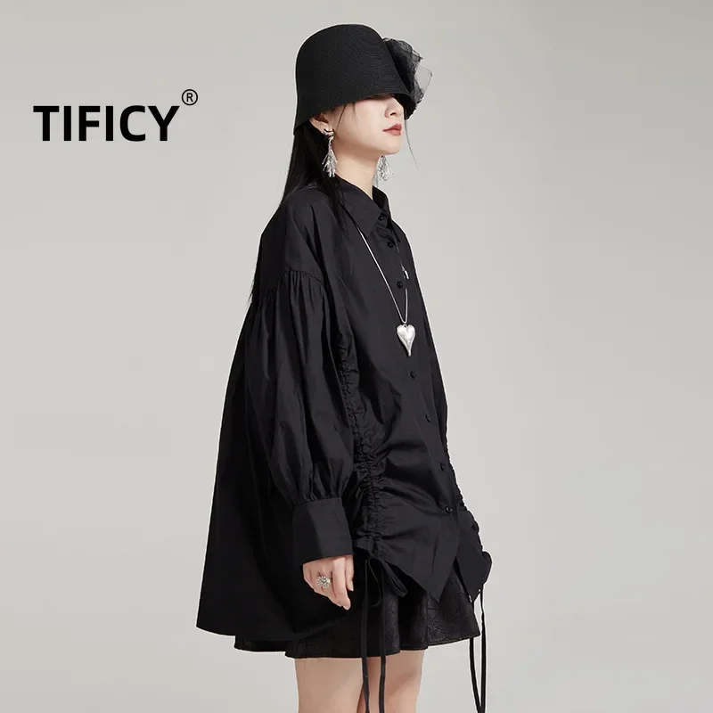 TIFICY Design Women's A Two-piece Drawstring Lantern Puffer Collar Mid Length Shirt Korean Loose Fitting Streetwear Shirt Tops