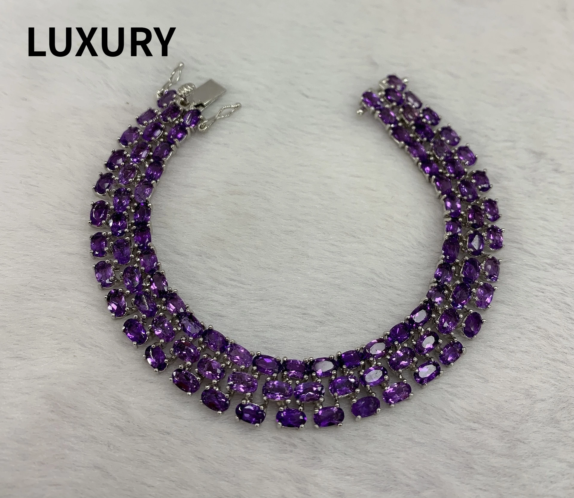 

Luxury S925 Sterling Silver Classic 92pcs 3*5mm Three Row Natural Amethyst Bracelet Anniversary Party Gift Fine Jewelry 18cm