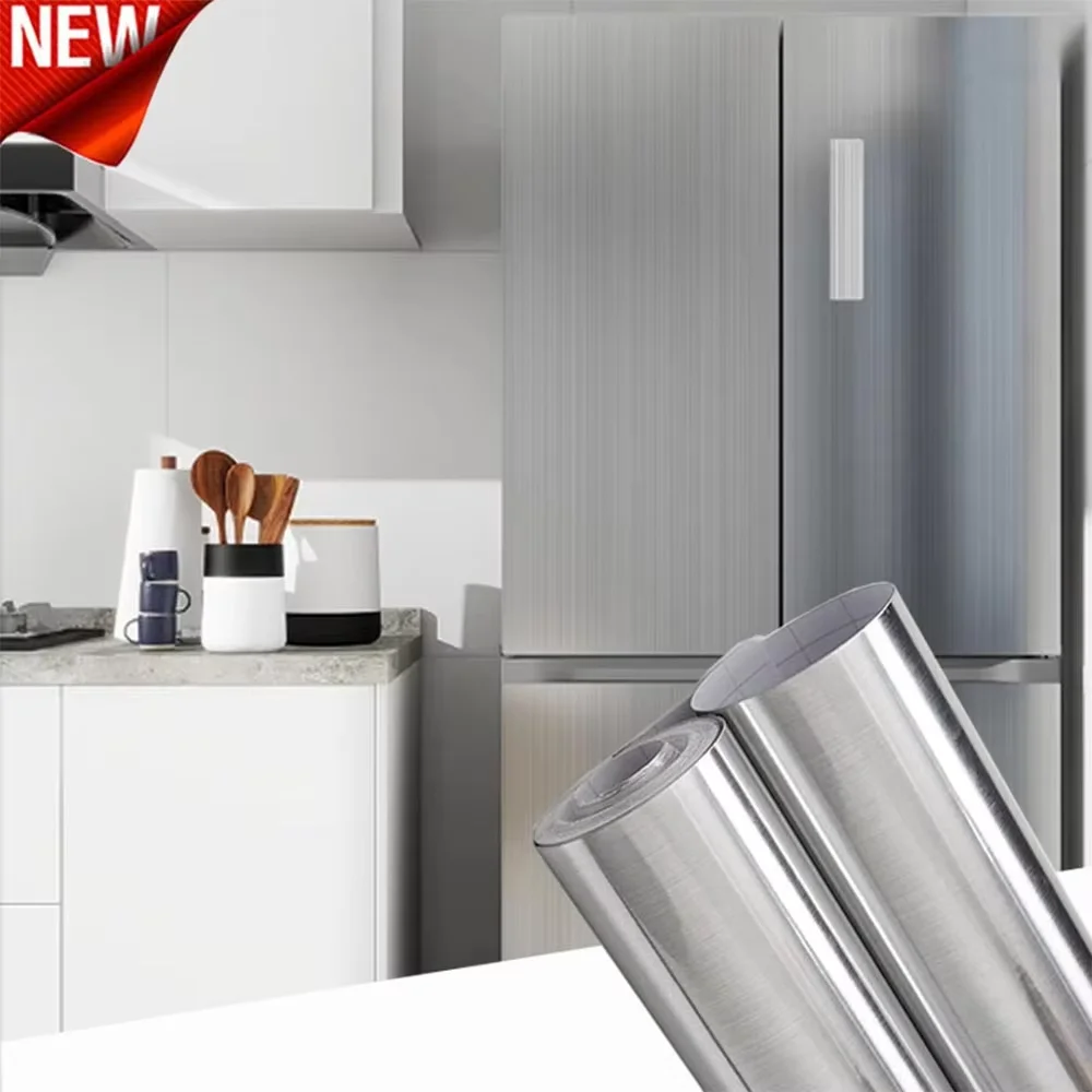 40cm Stainless Steel Wall Sticker Kitchen Living Room Countertop Adhesive Wallpaper Refrigerator Metal Brushed Silver