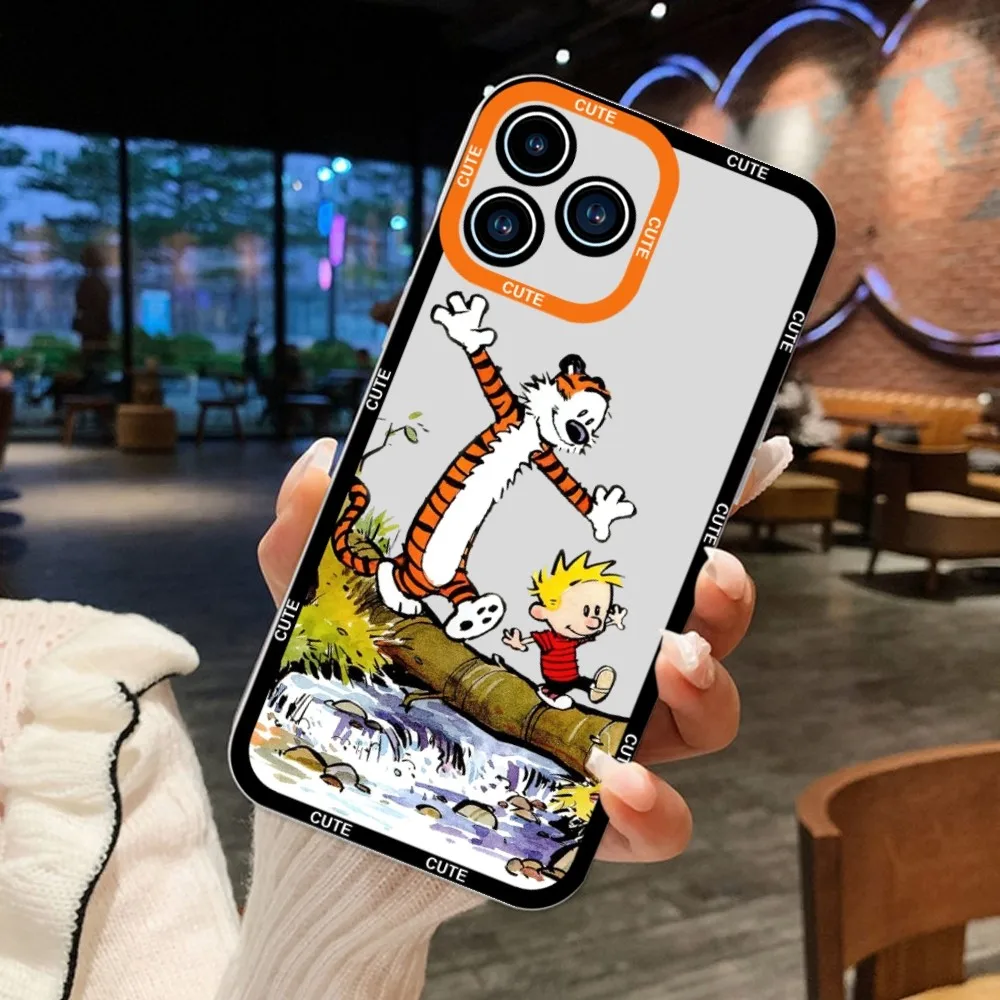 Cartoon C-Calvin and H-Hobbes Cute Phone Case For iPhone 11 12 Mini 13 14 15Pro Max Transparent Shell