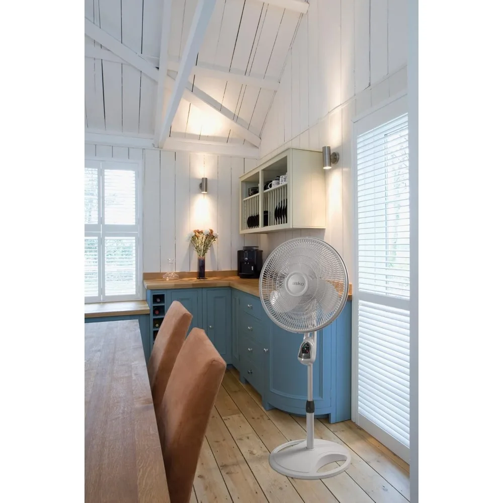 مروحة حامل بقاعدة قابلة للتعديل مع مؤقت وجهاز تحكم عن بعد لغرفة النوم وغرفة المعيشة والمكتب المنزلي، 16 بوصة، أبيض