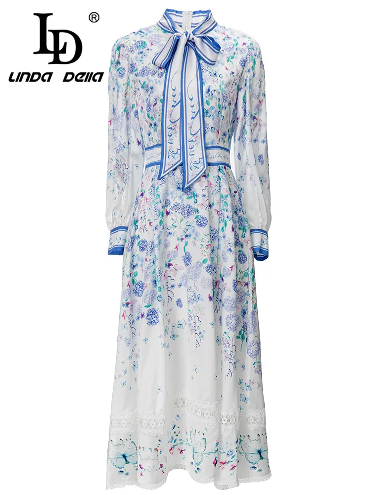 

LD LINDA DELLA Autumn Italian Cheap Casual Dress Women's Long Sleeve Bow Print Splice Lace Slim Fit Long Dress