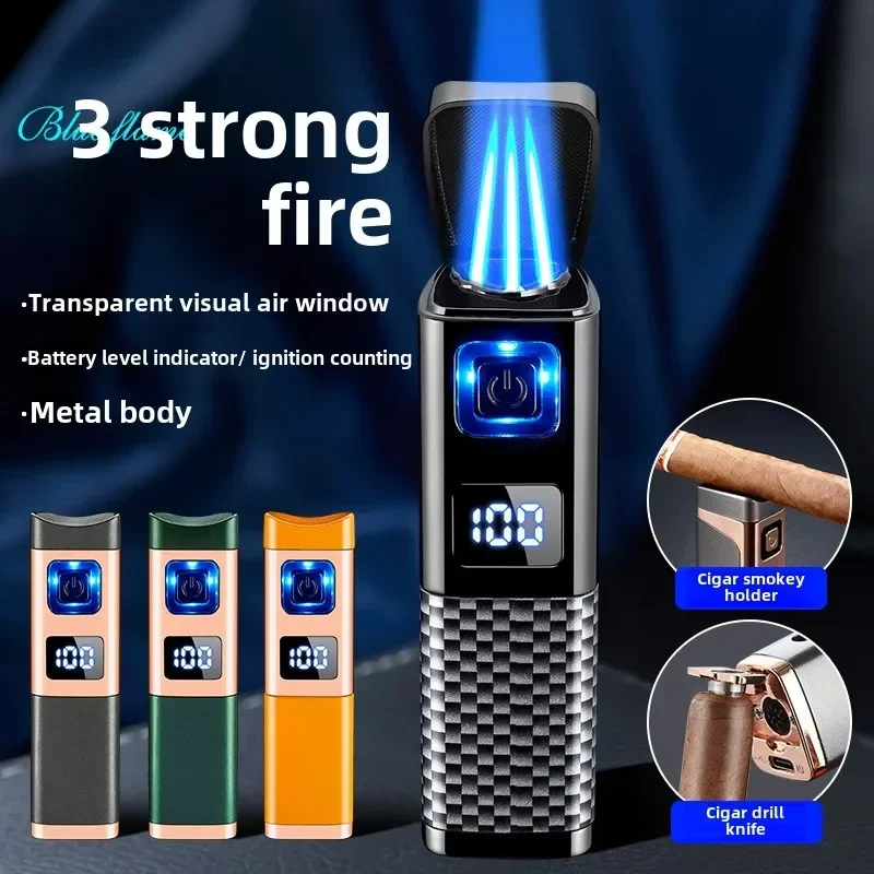 

Creative three-fire direct blue flame cigar special fire-gathering portable igniter lighter gadget smoking gadgets for men