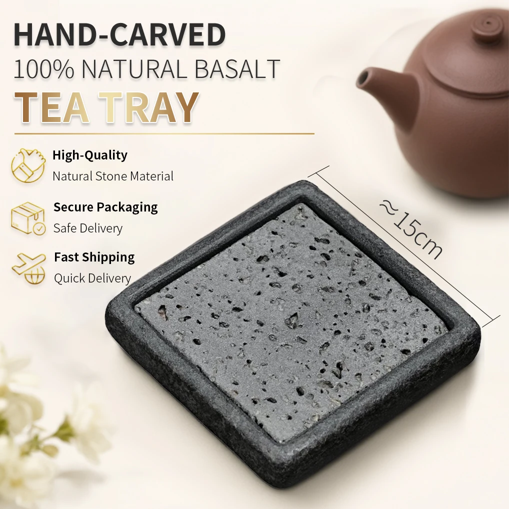 Stone Tea Tray 15cm Square Natural Black Basalt Absorbent Teapot Stand Wabi-Sabi Zen Home Decor Gongfu Tea Ceremony Gift