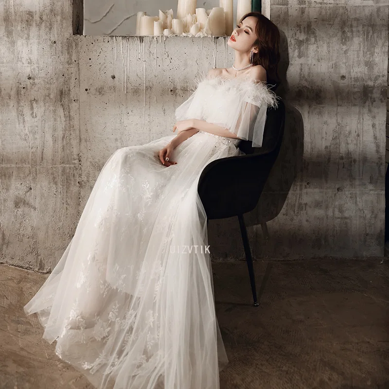 Customized Evening Dress White Feathers Off the Shoulder A-Line Floor-Length Plus size Prom Dress Woman Formal Party Gowns