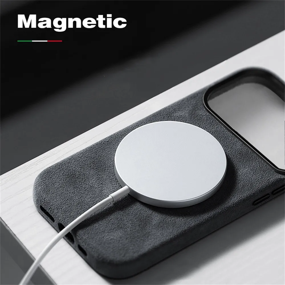 Premium Imported Leather Magnetic Charging Case for iPhone 18 17 16 13 14 15 ProMax 16 Plus High-end Suede Metal Buttons Cover