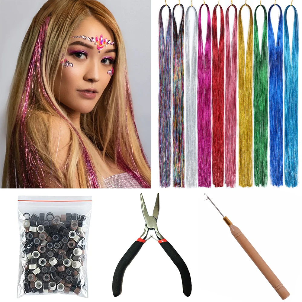 16 Colors Sparkle Hair Tinsel Rainbow Colored Glitter Hair Extensions Women For Braiding Headdress Long 110cm 120 Strands/bag