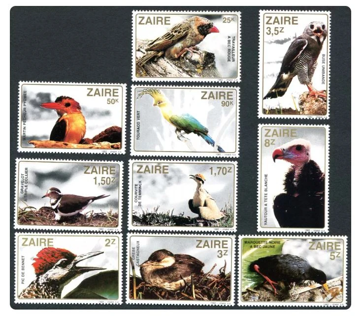 Briefmarken der Zaire-Post, Jahr 1982, Vögel, Adler, Gänsefalke, komplettes Set, 10 neue, postfrisch (MNH) Briefmarken zum Sammeln, Material für Scrapbooking – Detail 1