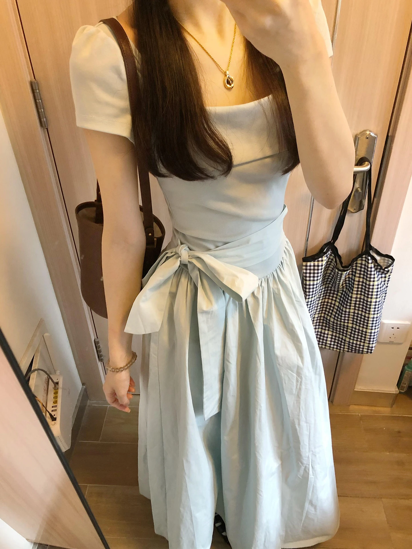 Niebieski kwadratowy kołnierzyk, kokarda, drapowana sukienka damska letnia, podkreślająca talię, w kształcie litery A, długa, drapowana, słodka, w stylu japońskim, z wysokim stanem lub...