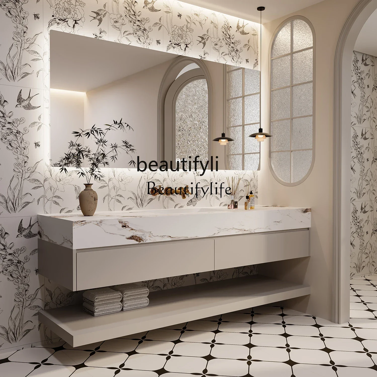 

Light luxury rock slab seamle ceramic integrated basin bathroom cabinet combination, solid wood waterproof smart washing ta