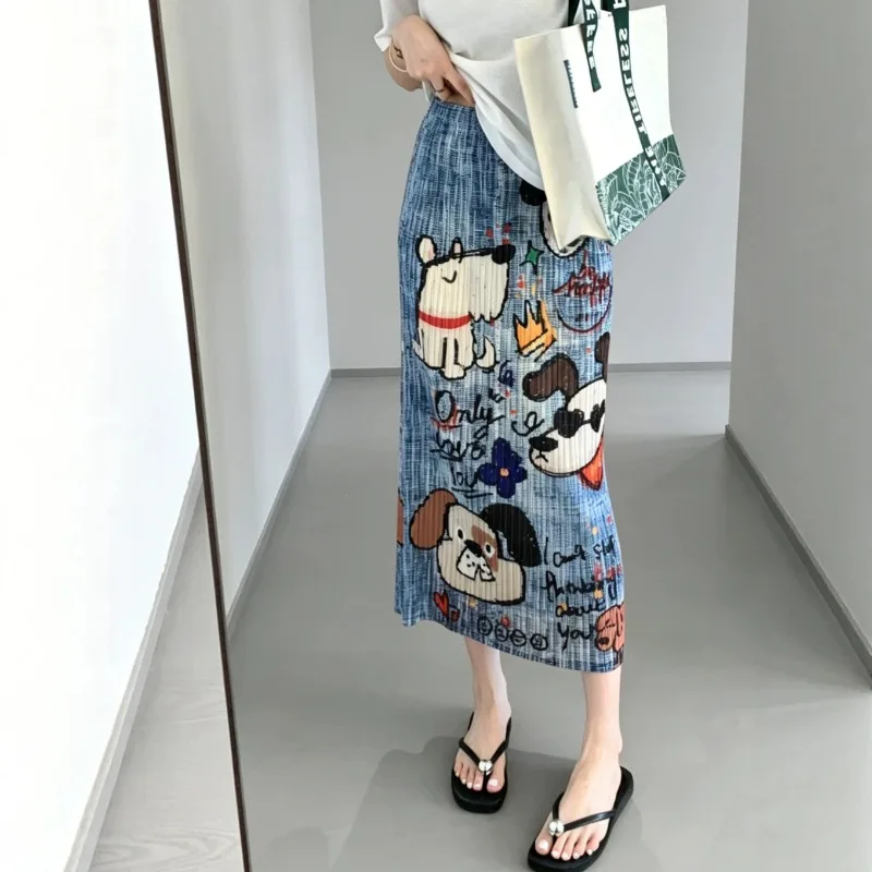 Miyake Pleated Cartoon Dog Print Skirt for Women Summer Faux Denim Graffiti High Waist Straight Mid-Length Pleated Skirt Pleat