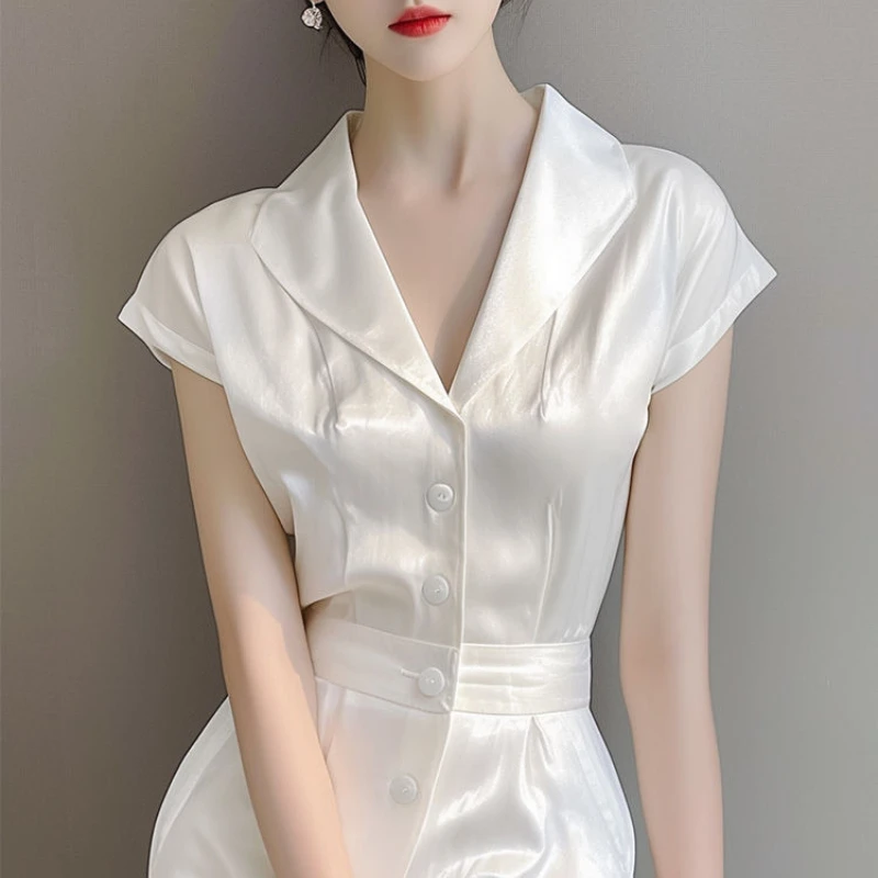 

2025 Summer Women Suit Collar Short Sleeve High Waisted White Imitation Silk Jumpsuits , Woman Clothing Elegant Overalls