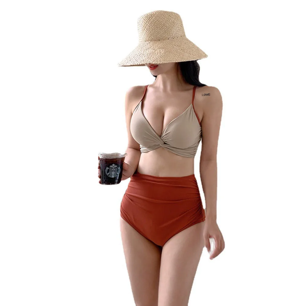 Neuer bezaubernder blauer Bikini-Träger mit hoher Taille, schlankmachender Hot-Spring-Damen-Badeanzug, separates Design, Brustversammlung