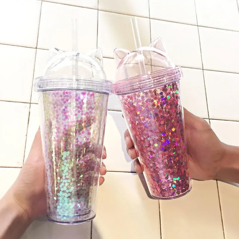 420ml Cat Ear Water Bottle for Girls with Sequins BPA FREE Double Wall Tumbler with Straw Reusable Smoothie Cup Drinkware