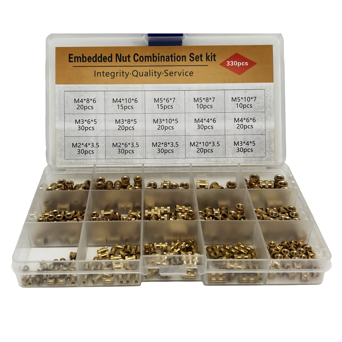 330-Piece Boxed Assortment of Embedded Nuts: Pre-Embedded Knurled Hot-Melt Copper Nuts, Copper Inserts and Injection-Molded Nuts