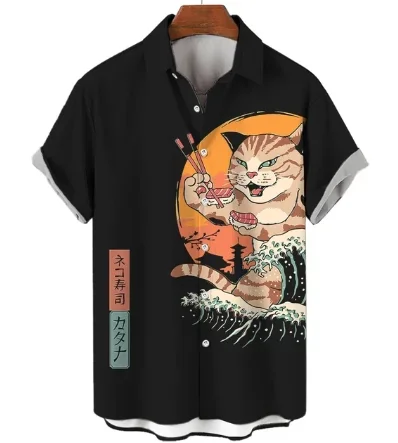 Men's Summer Fashion Casual Top Samurai Cat Print Loose Button Hawaiian Short sleeved Shirt