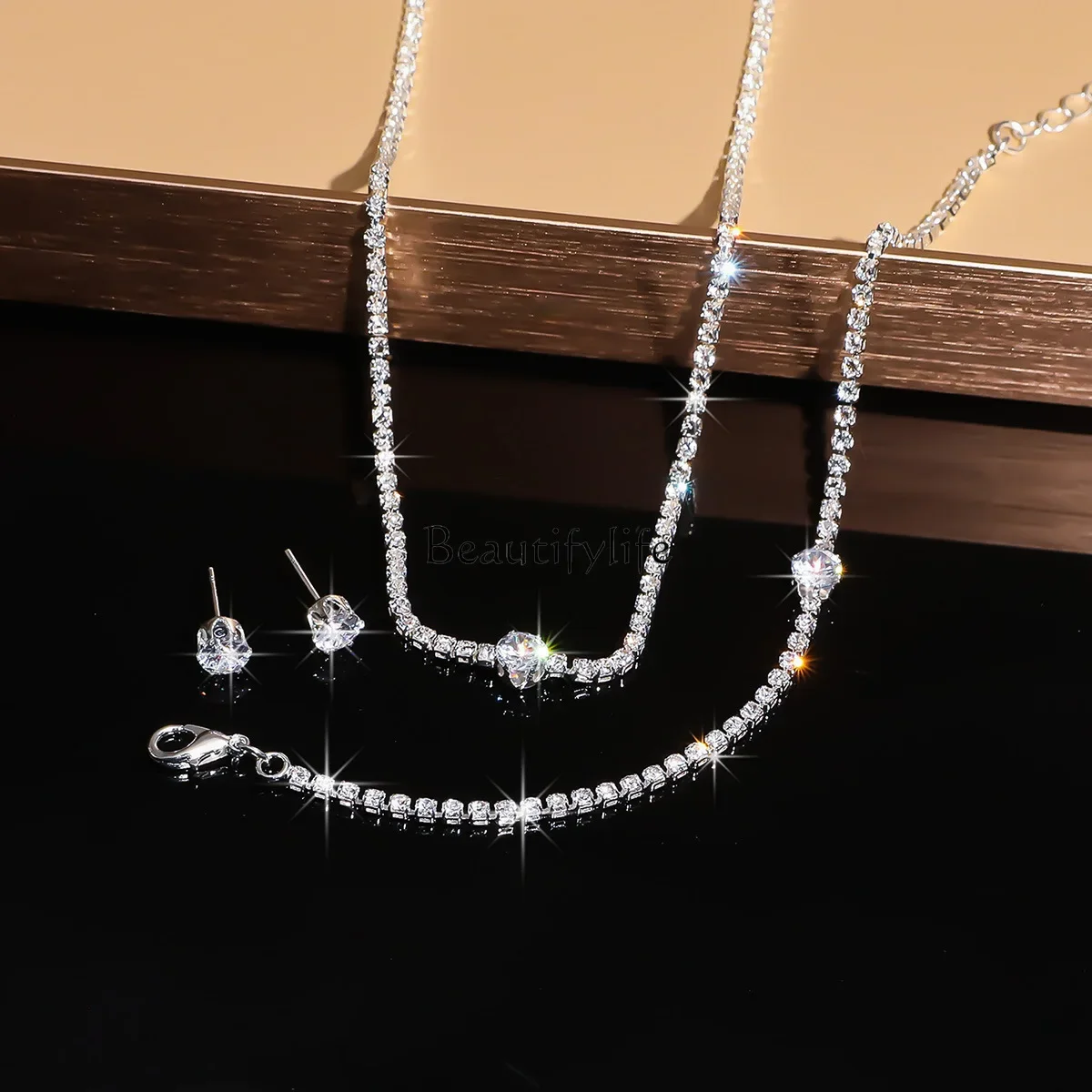 

Bare diamond round zircon earrings bracelet 3-piece set, dress versatile