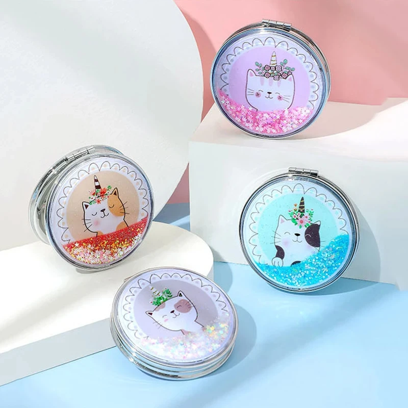 Creative Quicksand Round Makeup Mirror Portable Small Double-Sided Folding Cosmetic Mirror Cartoon Mirror Compact Pocket Mirrors